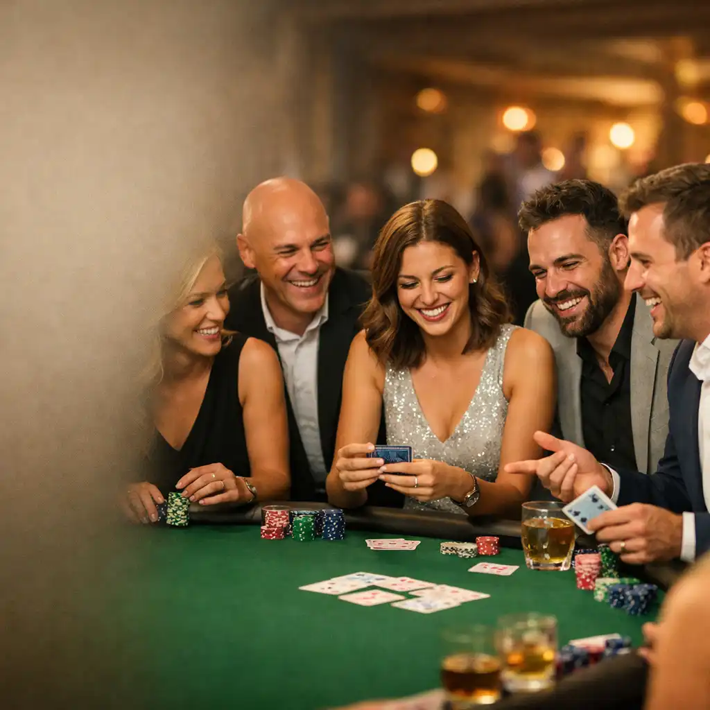 Grupa ludzi przy stole pokerowym