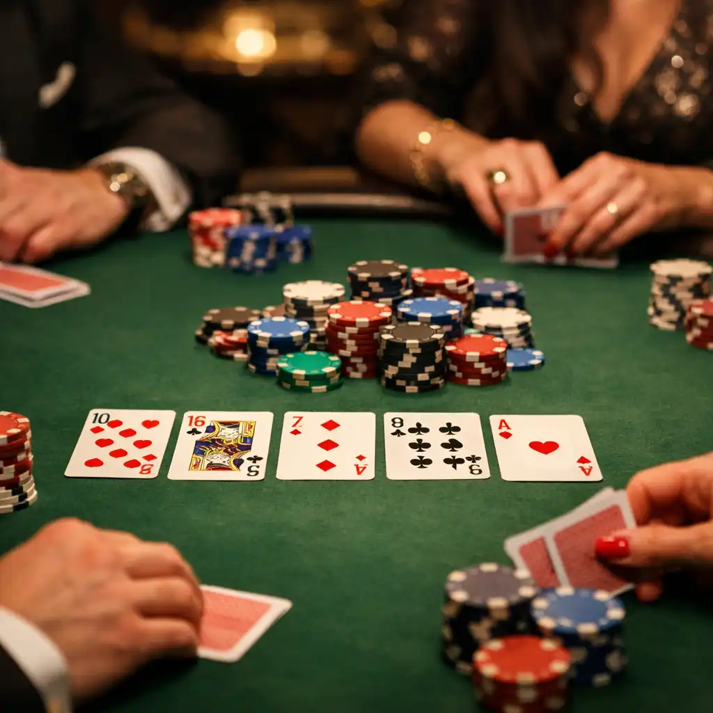 Zbliżenie na stół pokerowy z kartami i żetonami